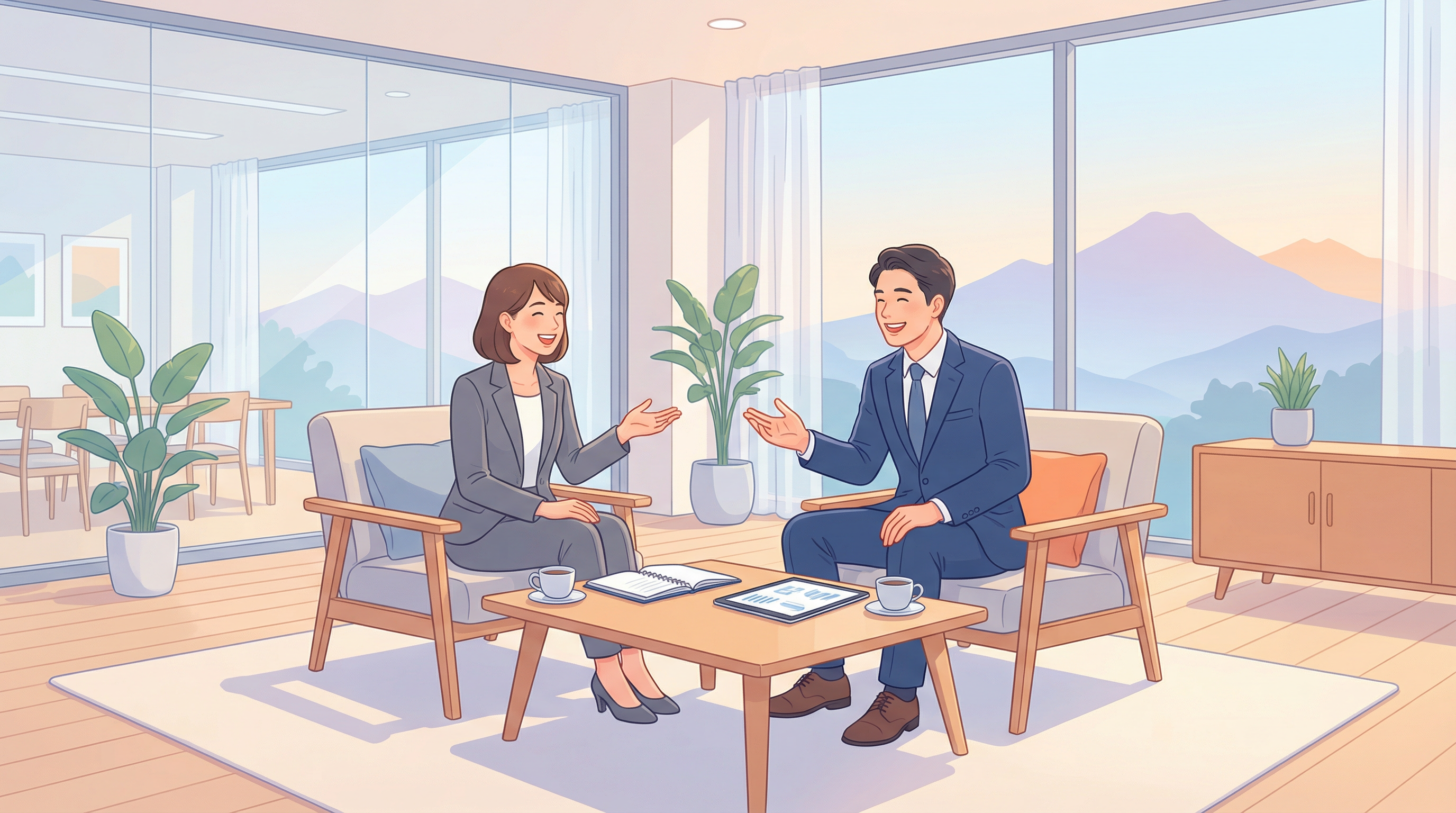 スーツ姿で相談に乗る講師と安心した表情の相談者、背景に長野の山並み