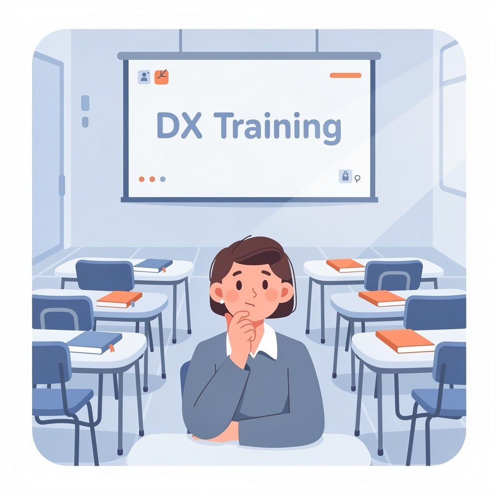 教室や研修と考え込んでいるビジネスパーソン